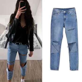

Sexy Ripped Pencil Pants High Waist Jeans Women Summer Hollow Out Hole Denim Pants Skinny Streetwear Casual Pants