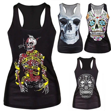 

Women Sexy Tank Top Black Vest Tops 3D Print Ribs Skull Bone Knitted Horror Tank Top