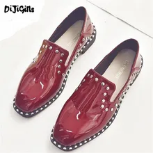 DIJI Women Fashion Square toe Low-heeled leather shoes High quality Solid Footwear Female Rivets Ladies Flats Women's Shoes
