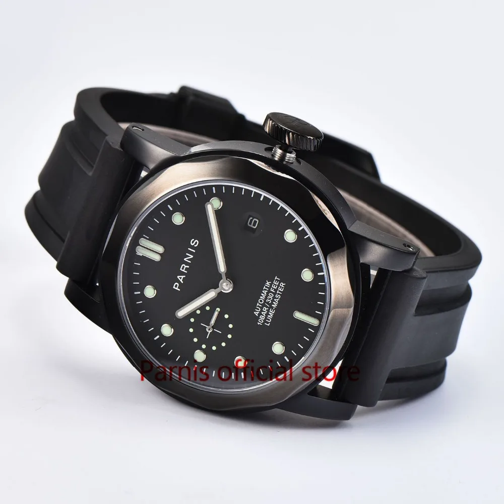 Casual 43mm Black Automatic Watch Men Parnis SeaGull Movement Brand Luxury Men's Mechanical Watches for Men Sapphire Crystal