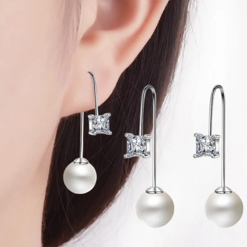 

High-quality Fashion Temperament Long Section Of Pearl 925 Sterling Silver Jewelry Crystal Geometry Dangle Earrings SE334