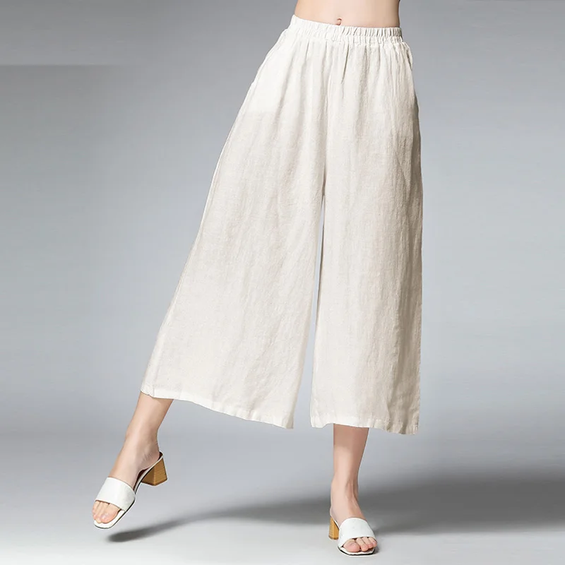 

Ramie loose fashion Wide leg pants Casual Elastic waist Ankle length pants Mid waist show thin Hemp material wide leg pants