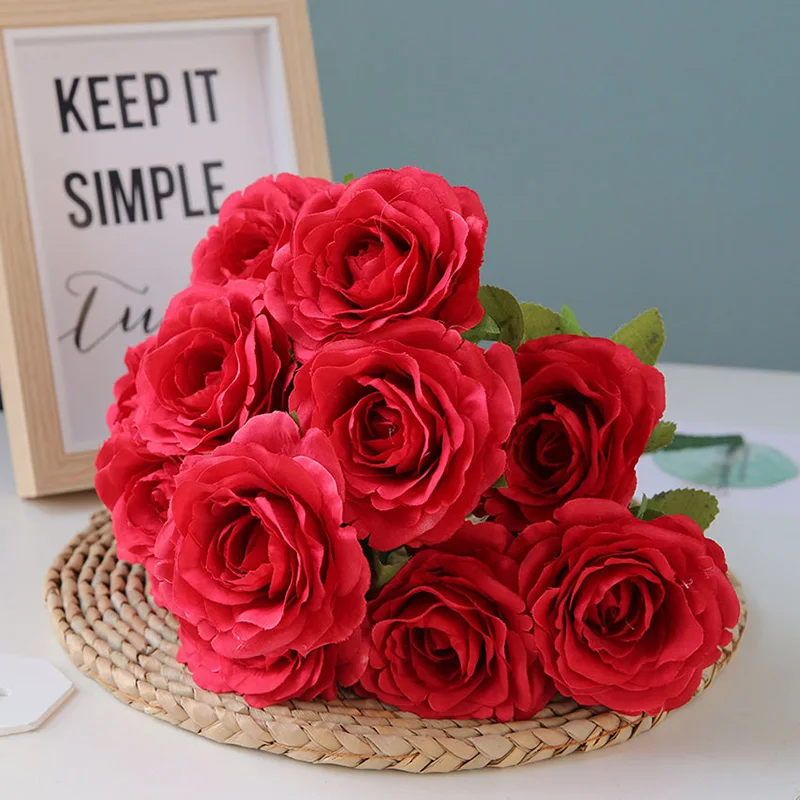 Flone Artificial Silk Rose Flower Bouquet Fake Flowers 12 Head Small Fresh Wedding Rose Decoration Home Decoration Accessories (6)