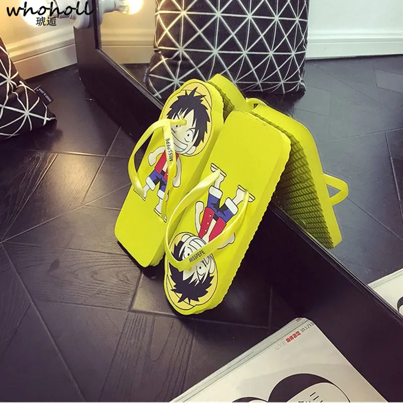 

WHOHOLL New Summer Slippers Flip Flops for Women One-Piece Luffy Print Slippers Female Beach Sandals Outdoor Indoor Men Slippers
