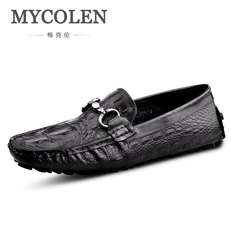 

MYCOLEN Men Loafers Shoes 2018 Casual Fashion Crocodile Print Men Flats Shoes Genuine Leather Male Shoes For Driving Flat Shoes