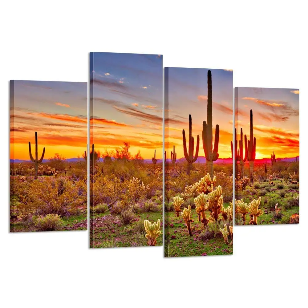 

Colorfull Sunset with Saguaros Landscape Canvas Wall Art Sonoran Desert Picture Print on Canvas Drop Shipping