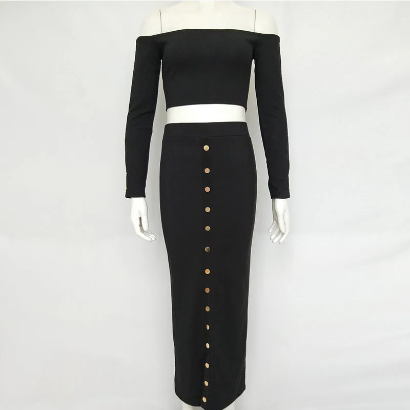 

2pcs/Set Women’s Lady Off -shoulder Long Sleeve Crop Tops Long Skirt Party Dress