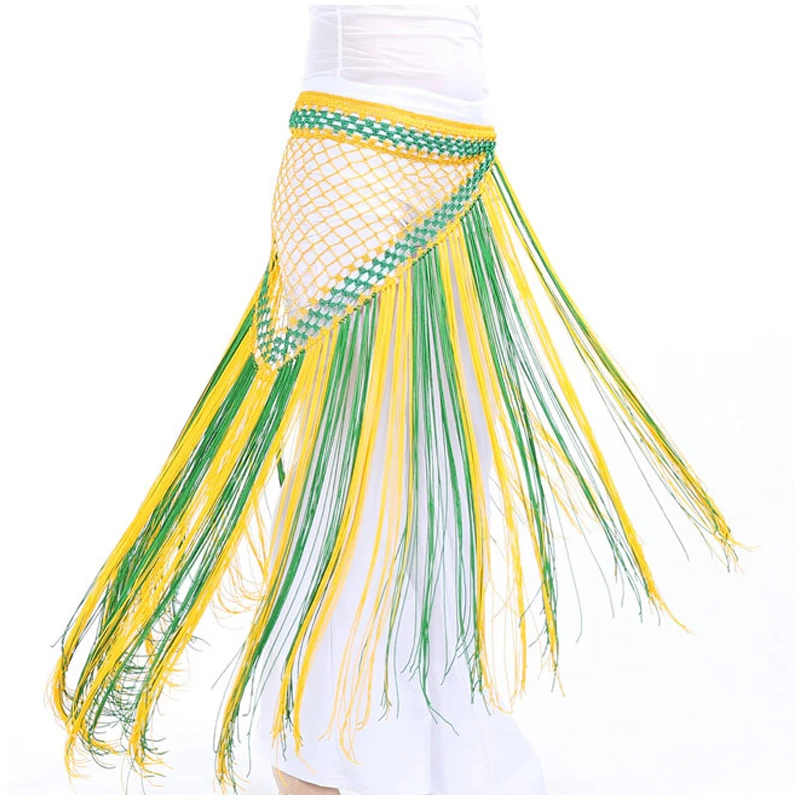 Племенные пояса женский танец живота костюм Талия цепь двойной цвет Аргентина треуголный набедренный шарф длинный Цыганская юбка пояс с кисточками - Цвет: yellow green