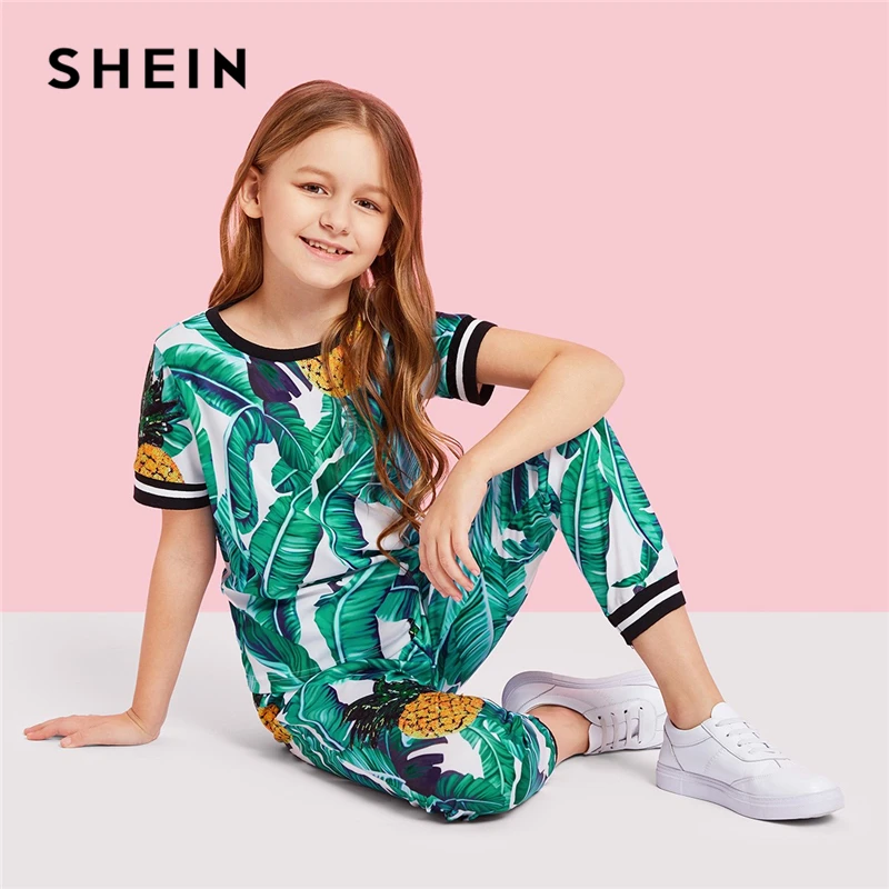 SHEIN كيدي الفتيات الغابة ورقة طباعة بلوزات وسراويل عارضة مجموعة أطفال مجموعة ملابس 2019 الصيف الكورية قصيرة الأكمام الشاطئ دعوى مجموعات