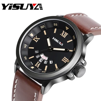 

YISUYA Top Mens Watches Date Week Display Quartz Wristwatches Men Military Pilot Roman Numbers Male Sports Genuine Leather Clock