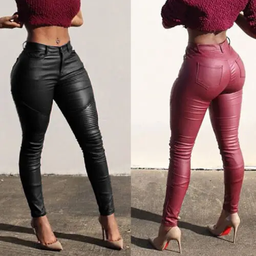 

Hot Sexy Fashion Womens Stretch High Waist Pencil Pants Skinny PU Leather Long Solid Sexy Slim Club Party Casual Pocket Trousers