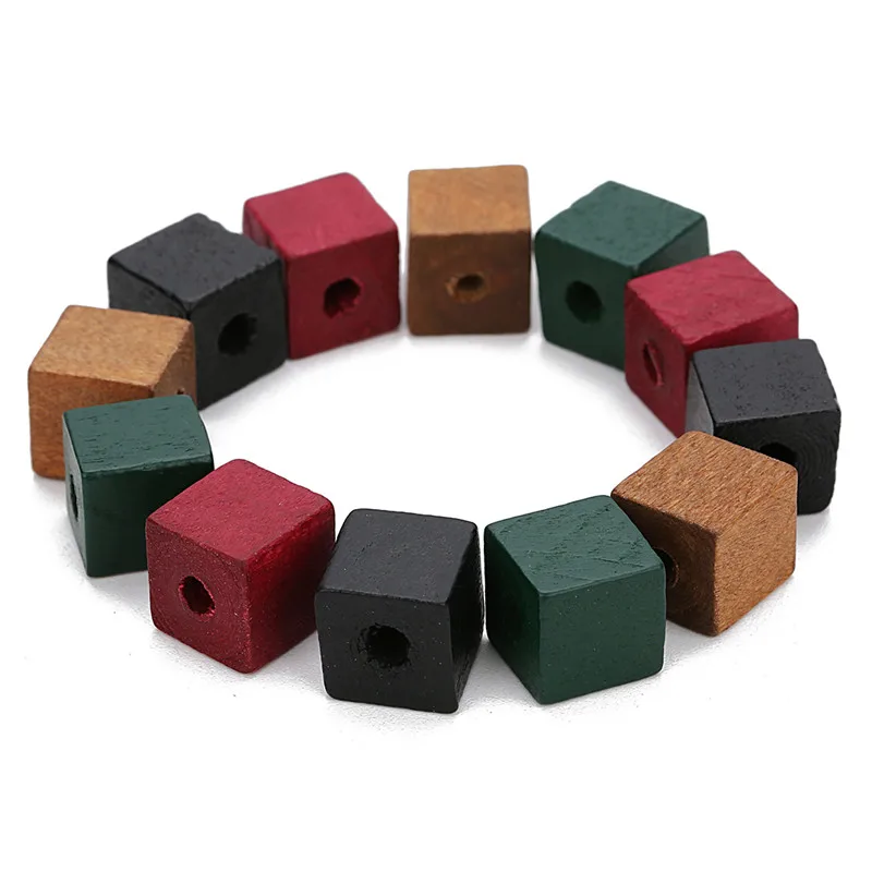 

LOULEUR 50pcs Big Hole Natural Wooden Beads 12mm 14mm Red Green Color Square Shape Spacer Box Wood Beads for Diy Jewelry Makings