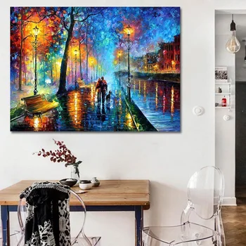 

City Nightscape Couple Pets Walking Oil Canvas Painting Home Decoration Hanging Painting Frameless Canvas Wall Art Drawing