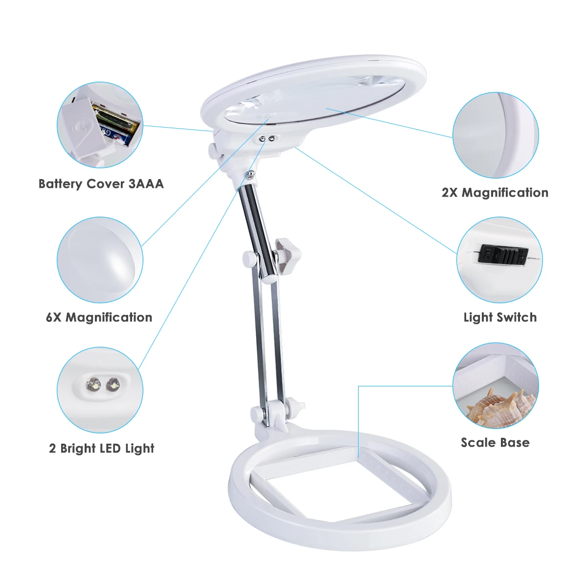 2X& 6X настольная Складная лупа Hands Free увеличительное стекло w/светодиодный свет для чтения вышивки гравировки
