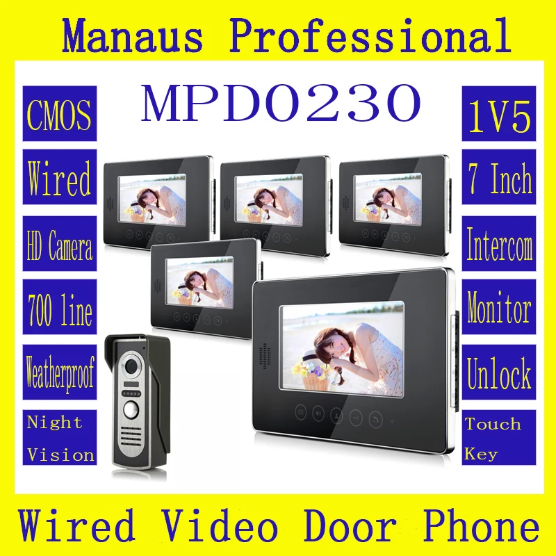 High Quality 7 inch Screen Keypad Display Video Intercom System,New Wired Magnetic Lock One to Five Video Doorphone Device D230b