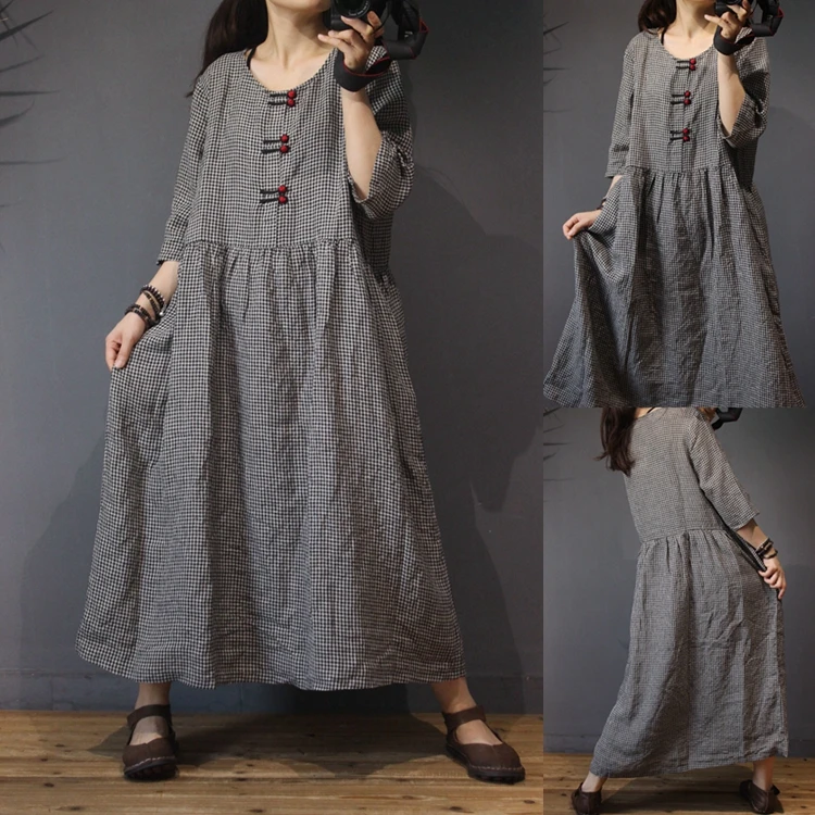 

Spring Autumn Women Casual All-match Ultra Loose Plus Size Vintage Plaid Buttons Cotton Linen Dresses
