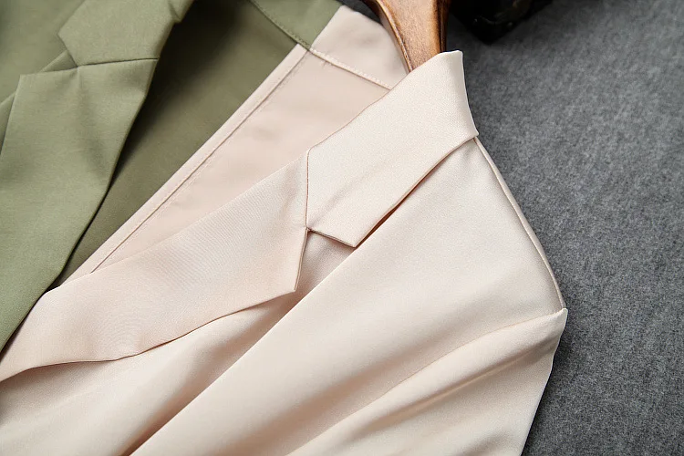 Pant Suits 2019 Women's Spring Summer Color Patchwork Lace-up Waistbow Slim Blazer + Elastic Waist Split Wide Leg Pants 2PCS Set