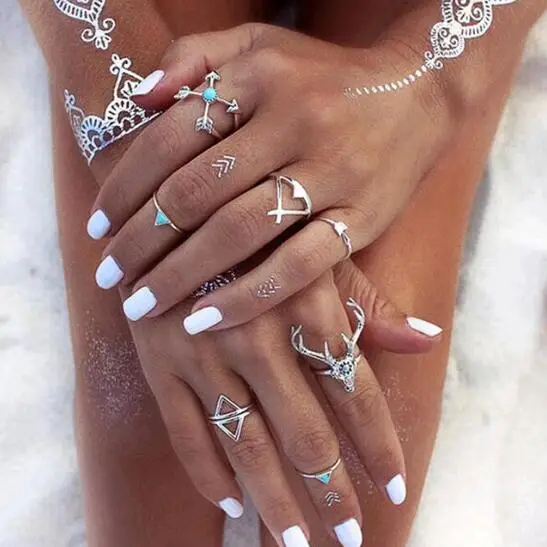 

2017 New Hot Bohemian Style 7pcs/Set Vintage Anti Silver Rings Moosehead Arrows Lucky Rings Set for Women Party Boho Fashion