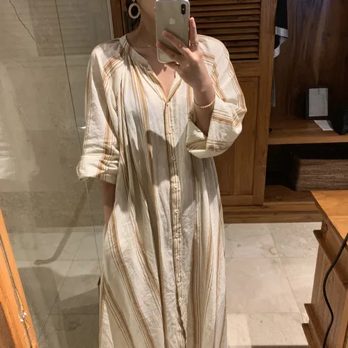 

New Original Design Women's Autumn Long Dress Holiday Loose Casual Contrast Stripes Oversize Maxi Beach Dress Shirt Vestidos