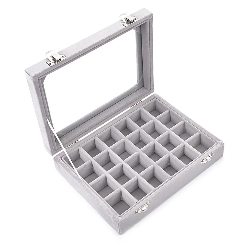 

Grey 24 Slot Velvet Glass Jewelry Box Organizer Rings Earrings Tray Display Storage Case