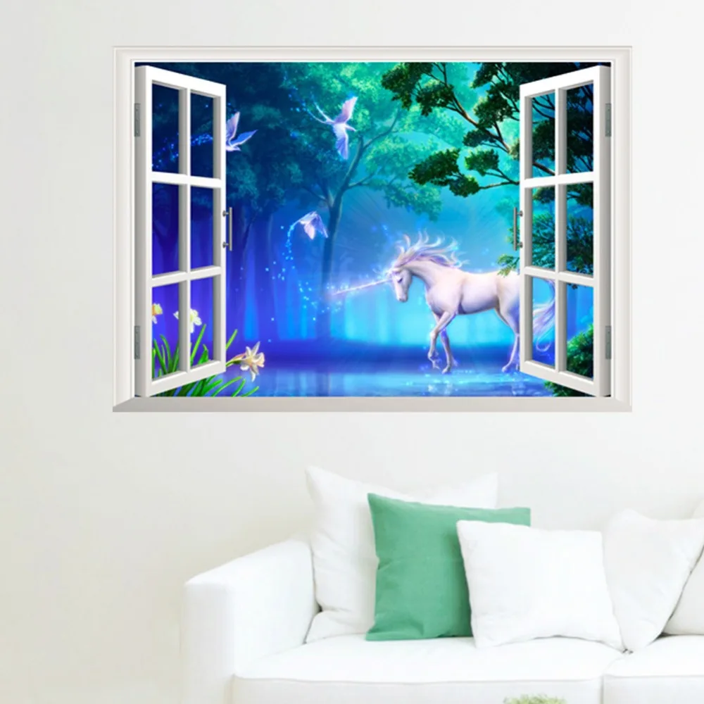 Magische einhorn white horse vögel wandaufkleber 3d fenster wirkung wandaufkleber wallpaper für kinder schlafzimmer aufkleber poster