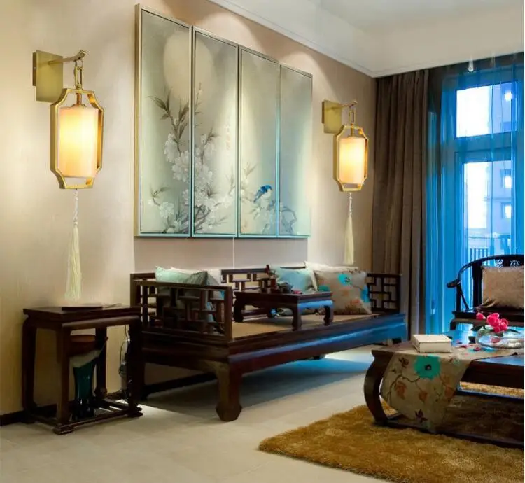 Lâmpadas de Parede Luzes de Parede Estar do Hotel Moderno Chinês Cobre Minimalista Designer Modelo Sala Clássico Arandela Luzes Led Cor 9 chinesa de cobre em cores minimalista para