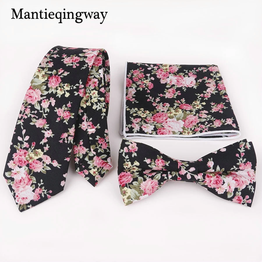  Mantieqingway Mens Tie Floral Cotton Jacquard Necktie Gravatas Corbatas Handkerchiefs Bow Tie Set f