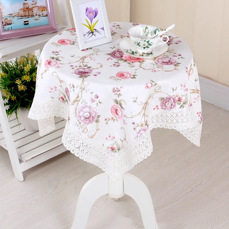 

1PC European Style Waterproof Oilproof Floral Printed Lace Edge Square Flower Cotton Tablecloth Cover for Small Tea Table Beside