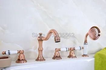 

Antique Red Copper Roman Bathtub Mixer Faucet Set w/ Handheld Shower 5 Holes Tap Deck Mounted lna224
