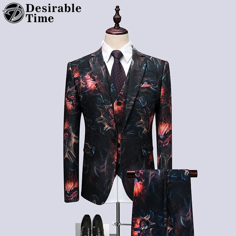 Men Print Tuxedo Suit Set Slim Fit Plus Size M 6XL Mens Wedding Prom Suits with Pants Male 3
