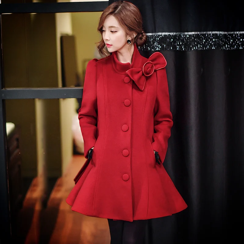 Élégant Long Dabuwawa Parti Hiver Christamas Rouge rouge Manteaux Rose Swing Femmes Unique Rose Survêtement Poitrine Hem Arc qgqzH8