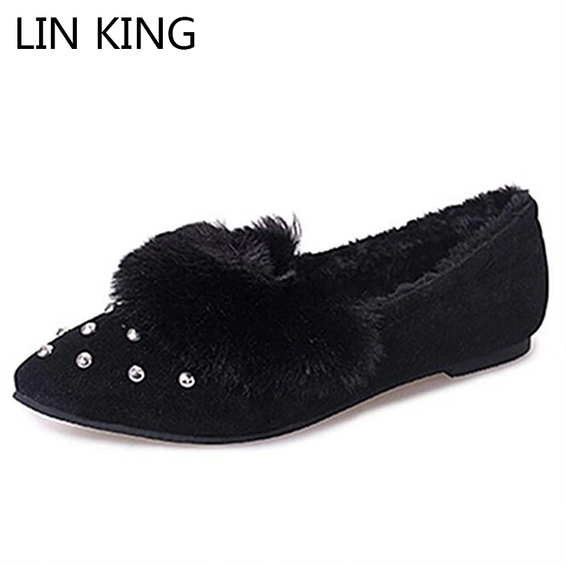 

LIN KING New Fashion Warm Women Winter Boots Short Plush Slip-on Solid Simple Shoes Rivets Elegant Slim Lady Flat Ankle Boots