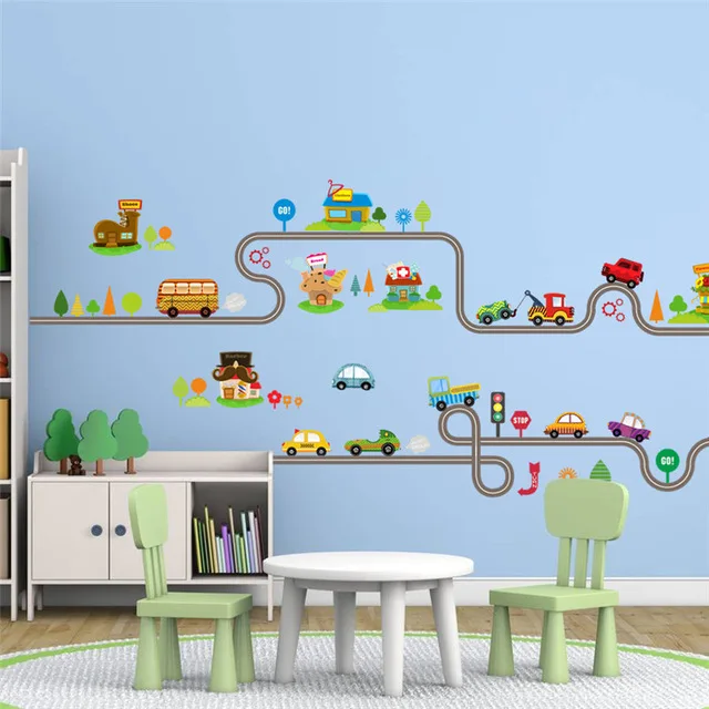 % Cartoon Car Bus Highway Track Wall Stickers For Kids Rooms Children's Bedroom Living Room Decor Wall Art Decals Boy's Gift
