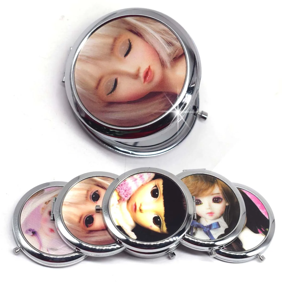 Cute Doll Mini Pocket Makeup Mirror Cosmetic Compact Portable Mirrors Dual Sides Stainless Steel Cosmetic Makeup Mirrors