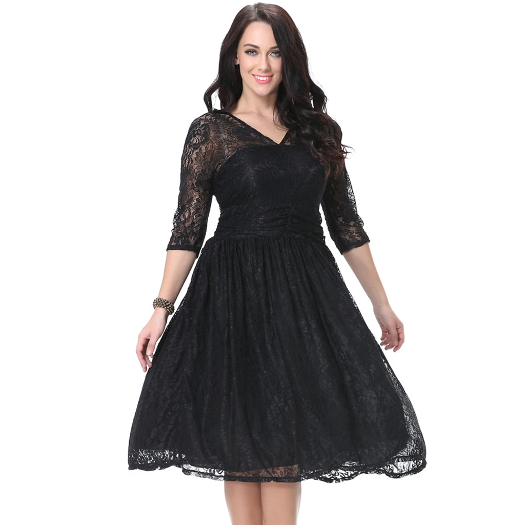 XL 7XL Plus Size Lace Dress Women Vintage Floral Lace Party Dress 3/4 ...