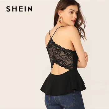 

SHEIN Lace Insert Back Layered Ruffle Hem Cami Women Tops Black V Neck Slim Fit Summer Top Spaghetti Strap Sleeveless Sexy Top