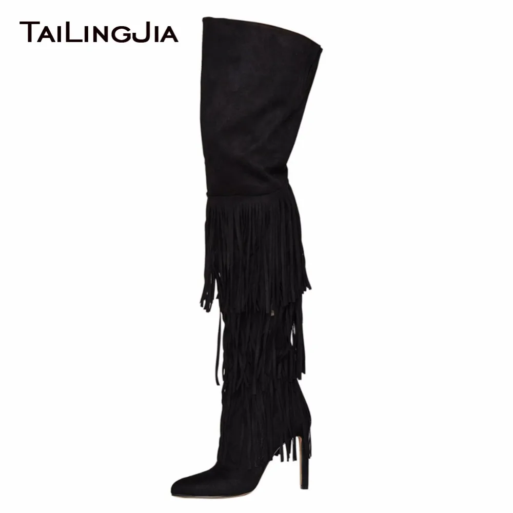 

Tasseled Black High Quality Faux Suede Handmade Over Knee Woman Boots Pointed Toe Female Long Boots Women Winter Keep Warm Boots