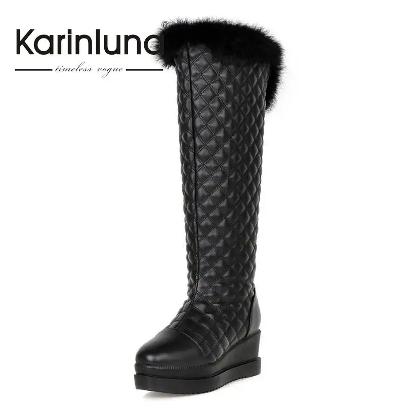 

2015 Winter Fur Boots Hidden Wedges Rubber Sole Thick Platform Over The Knee High Snow Boots Shoes Woman Fashion Women's Shoes