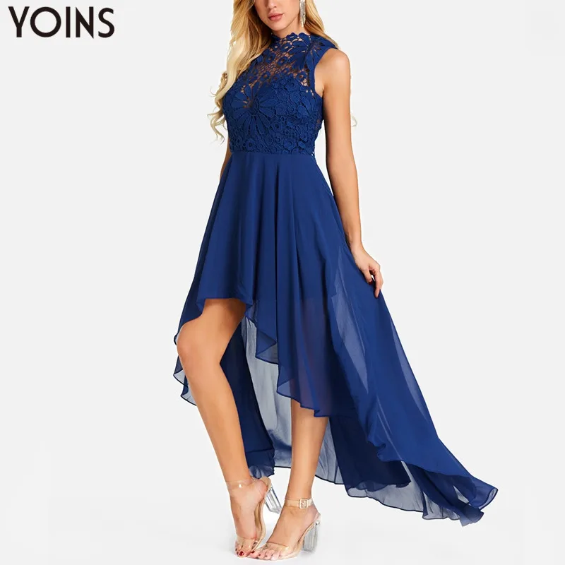 

YOINS Lace Round Neck Maxi Long Dress 2019 Summer Bohemia Women Casual Loose Asymmetric Hem Sleeveless Evening Party Dresses