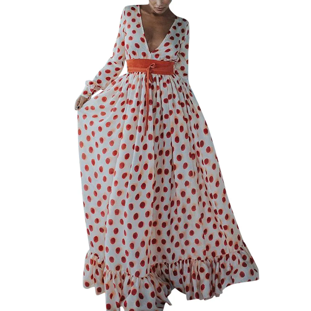 

SAGACE fashion Women Dresses 2019 plus size Casual Long Sleeved Dot Printed Belt Ruffled Loose Long Maxi Party Dress girl Dress