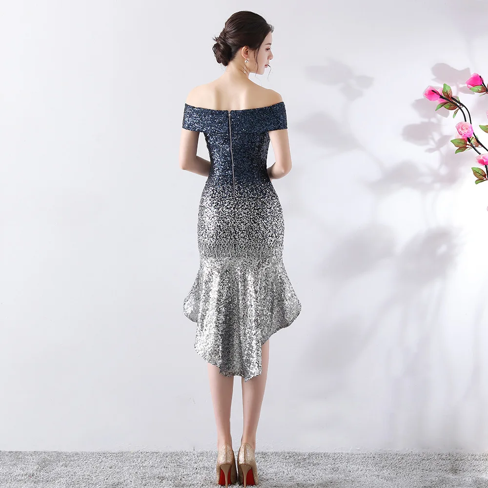 New Burgundy Sequin Cocktail Dress Nermaid Sexy Boat Neck Off The Shoulder Women Short Prom Gown Navy Lady Wedding Party Dresses
