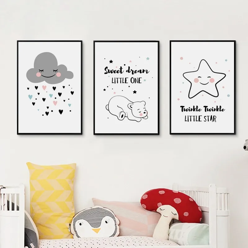 Simple And Cute Cartoon Star Rain Cloud Bear Canvas Art Painting Prints Poster Picture Wall Baby Room Child Bedroom Home Mural