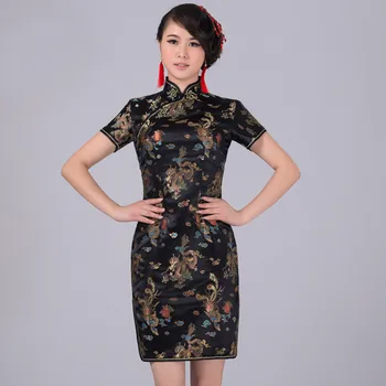 

Black Traditional Chinese Classic Dress Mujere Vestido Women's Satin Cheongsam Mini Qipao Size S M L XL XXL XXXL 4XL 5XL 6XL