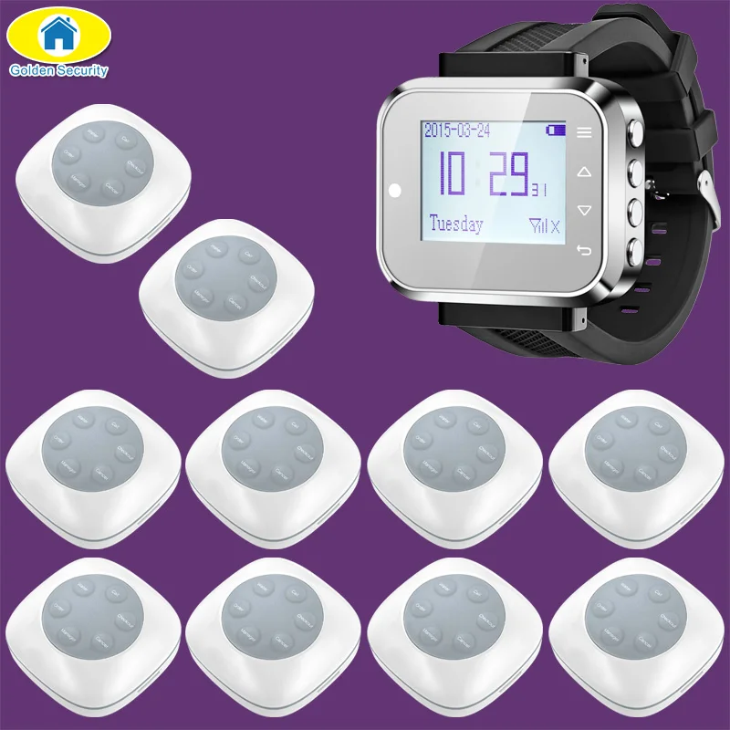 

Golden Security Upgrade FSK Wireless Calling System 10 Call Button Waiter Watch Call Pager System Restaurant Service Equipments