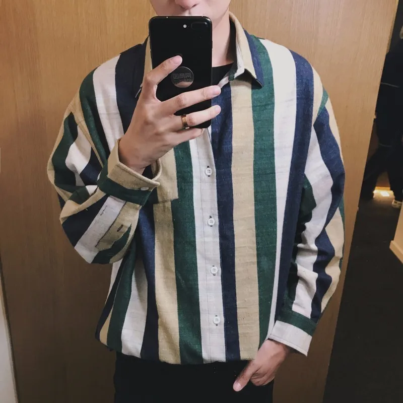 

2018 Spring Newest Men's Fashion HongKong Style Stripe Hit Colour Clothes Loose Casual Red/Khaki Color Long Sleeve Shirt M-2XL