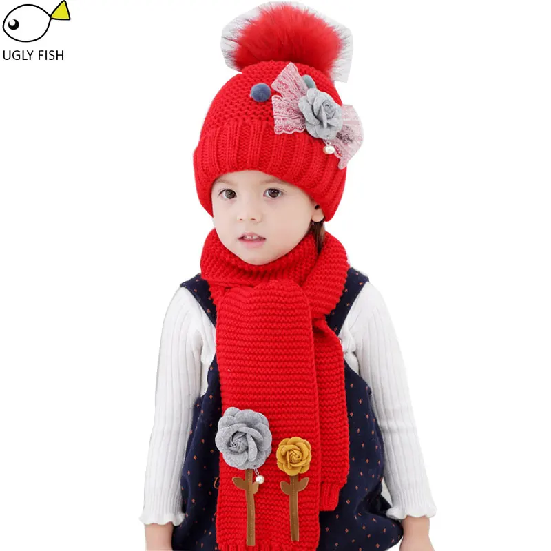 Шапка и шарф комплект для детей Детская одежда для девочек зимняя вязаная шапка(комплект) с цветочным принтом; зимняя шапки для детей помпоном шапка и шарф, набор