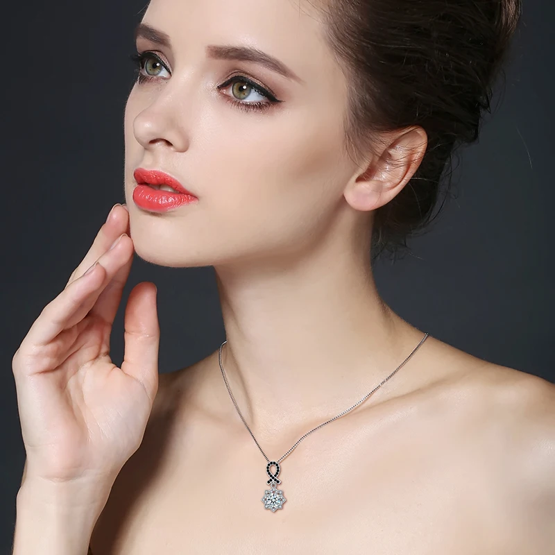 [BLACK AWN] Trendy Silver Color Jewelry Black Spinel Flower Necklace for Women Girl's Pendants P157