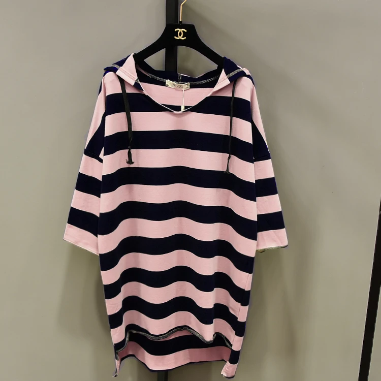 

Women's Stripe Hoodie Shirt Pullover Tee Three Quarter Sleeve Spring Summer Loose Large Plus Size