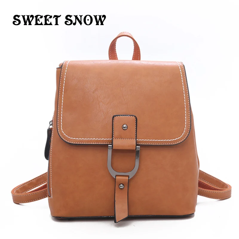 

SWEET SNOW New Fashion Leather Women's Bag Medium Backpacks Solid Color Multi-Function Sewing Thread Female Backpack
