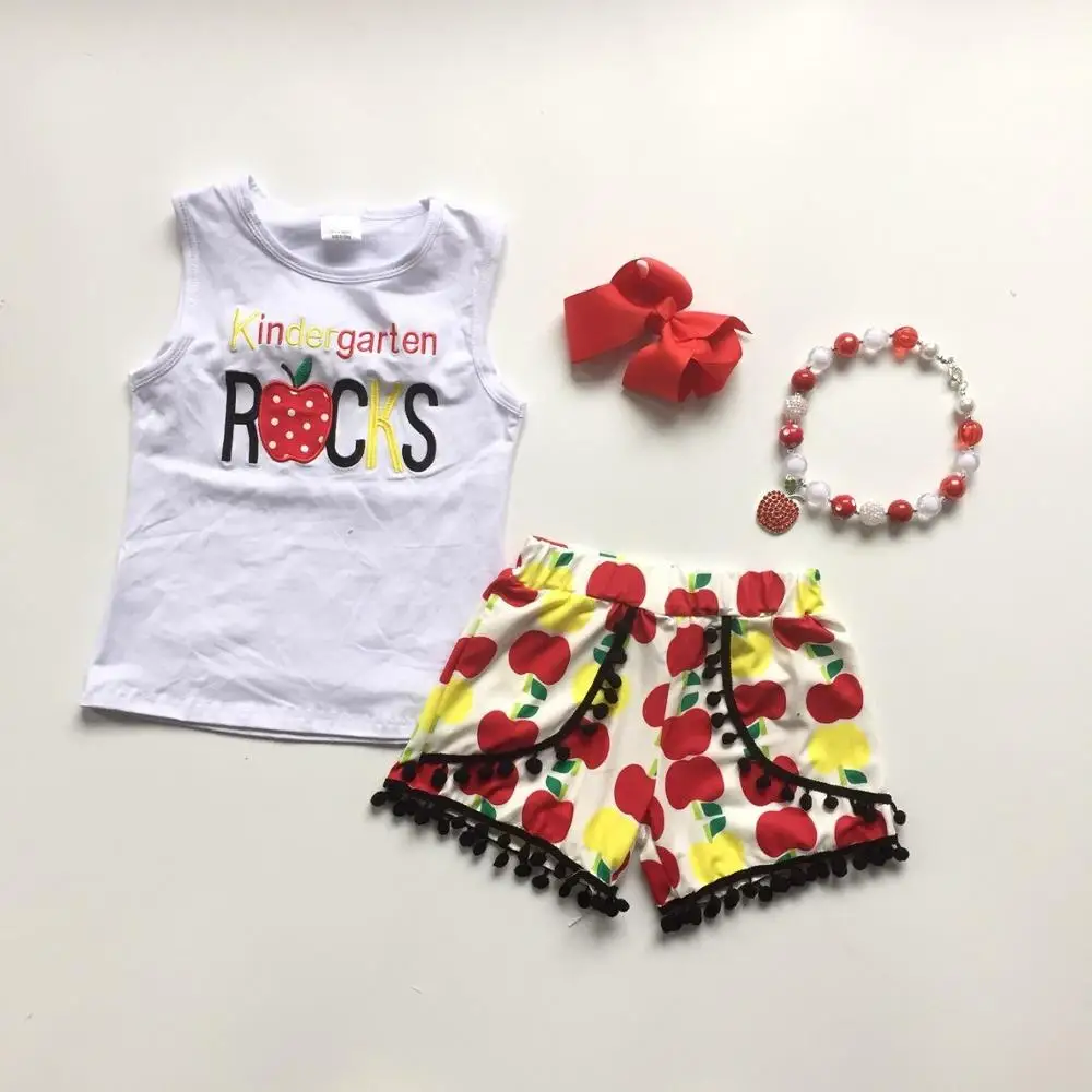 Одежда для маленьких девочек, детские школьные наряды, детский сад, камни, Белый Топ, шорты с яблоком, изысканные наряды для девочек с аксессуарами